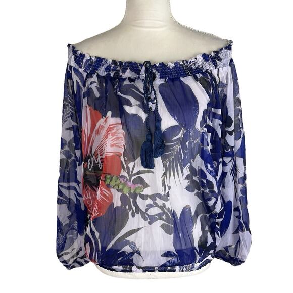 Desigual Off-Shoulder Tassel Tie Front Peasant Blouse Sheer Floral Size Medium - Picture 2 of 9